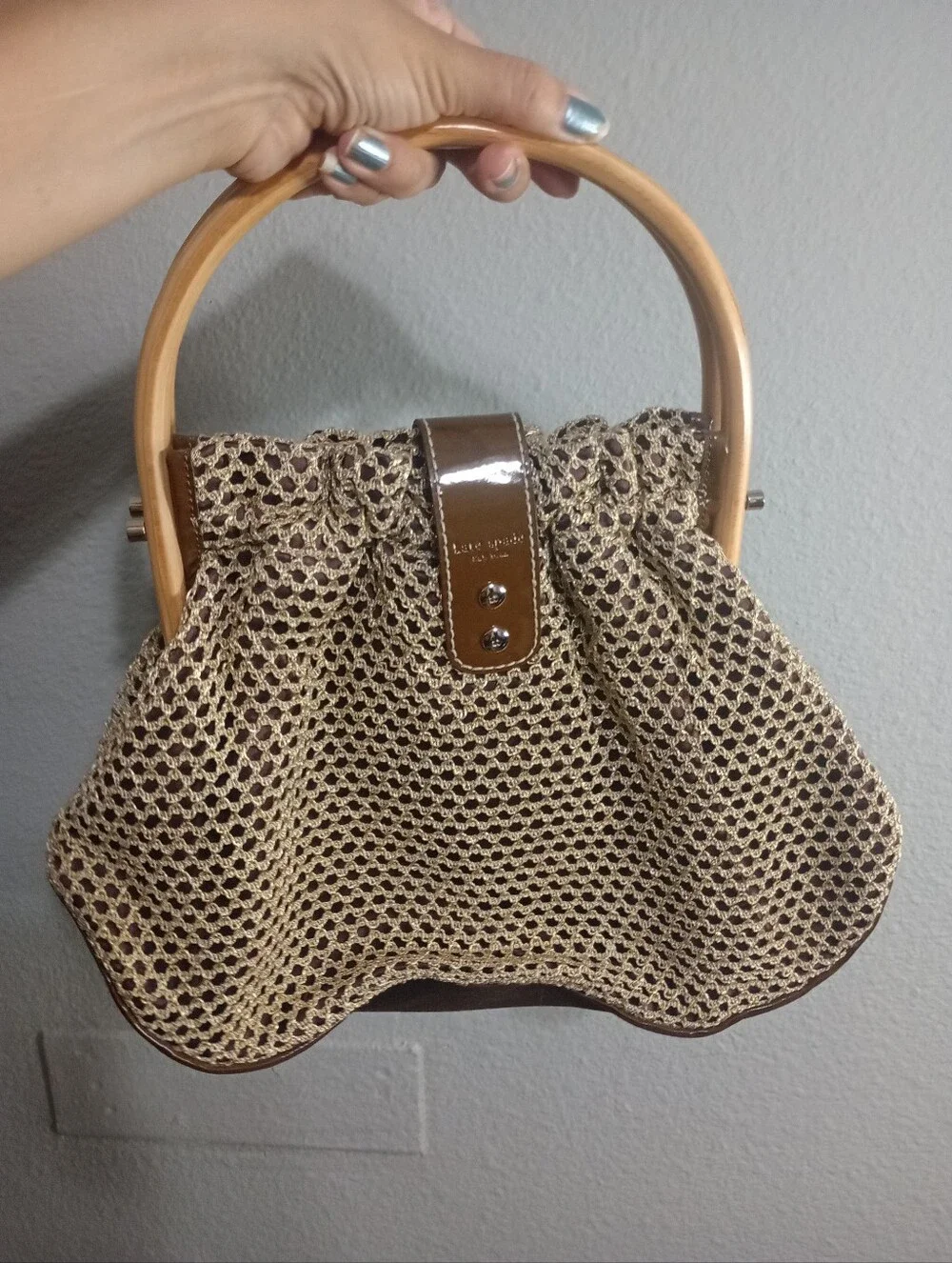 Kate Spade Wooden Handle Metallic Gold Mesh Hand Bag